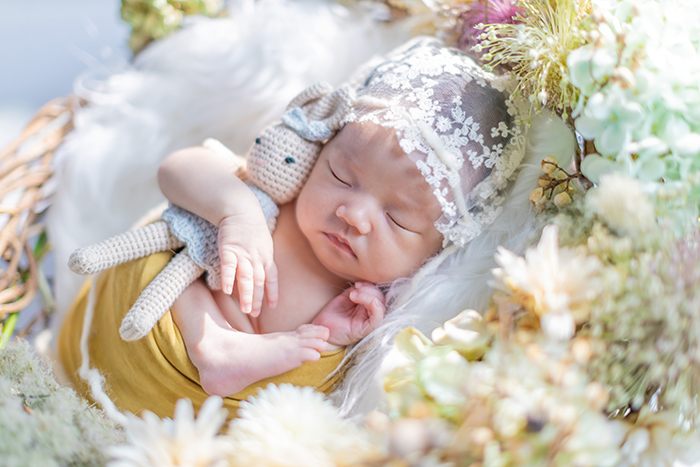 かごの中でぬいぐるみと眠る新生児